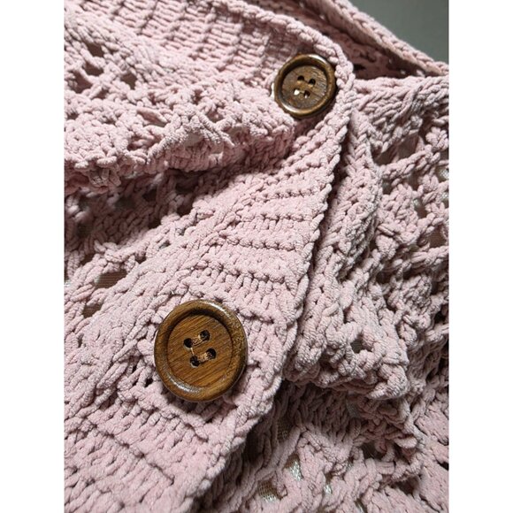 Crochet Knit Button-Up Cardigan Sweater In Mauve Pink With Long Sleeves & V-Neck - Picture 7 of 8